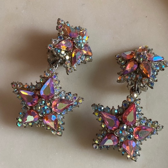 Vintage Thelma Deutsch Earrings pink/Star with AB Rhinestones Clip On ea… - Picture 3 of 13